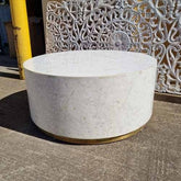 Indian Real Bone Inlay Round Drum Handmade Coffee Table White Floral 90x90x40cm